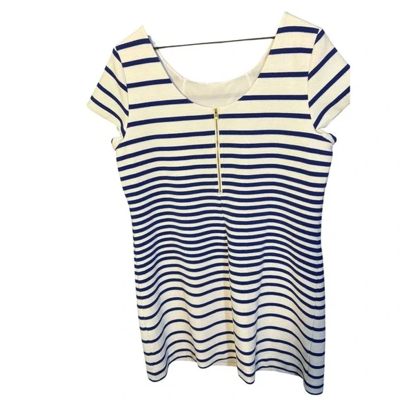 Lilly Pulitzer XL Navy White Striped Shift Dress Short Sleeve Gold Zip Nautical - Picture 4 of 5